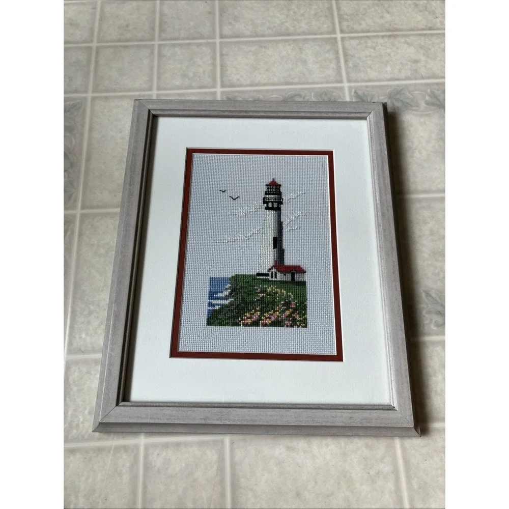 90's LIGHTHOUSE Framed Matted Cross-Stitch Picture 11.25